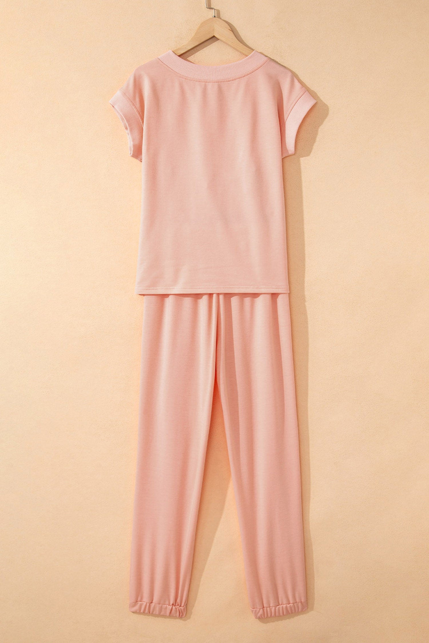 Apricot Pink Solid Color V Neck Tee Drawstring Pant Set
