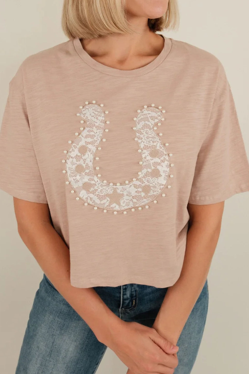 Smoke Gray Lace Pearled Decor Horse Shoe Graphic Western T Shirt