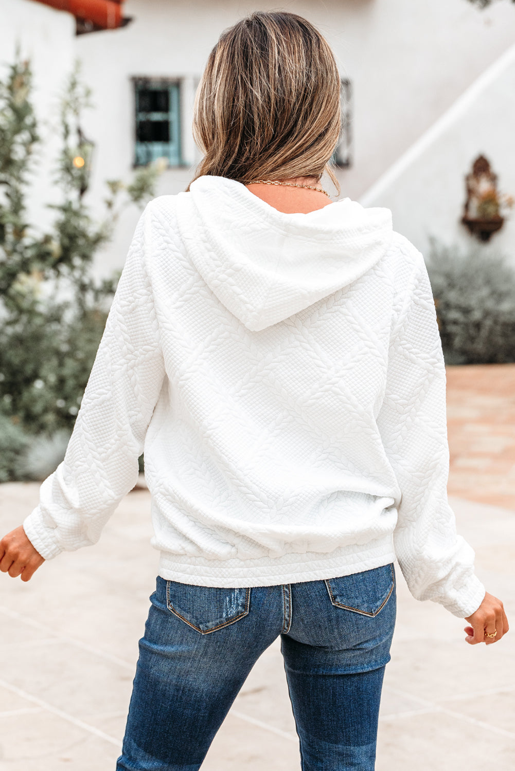 White Cable Lattice Texture Kangaroo Pocket Hoodie