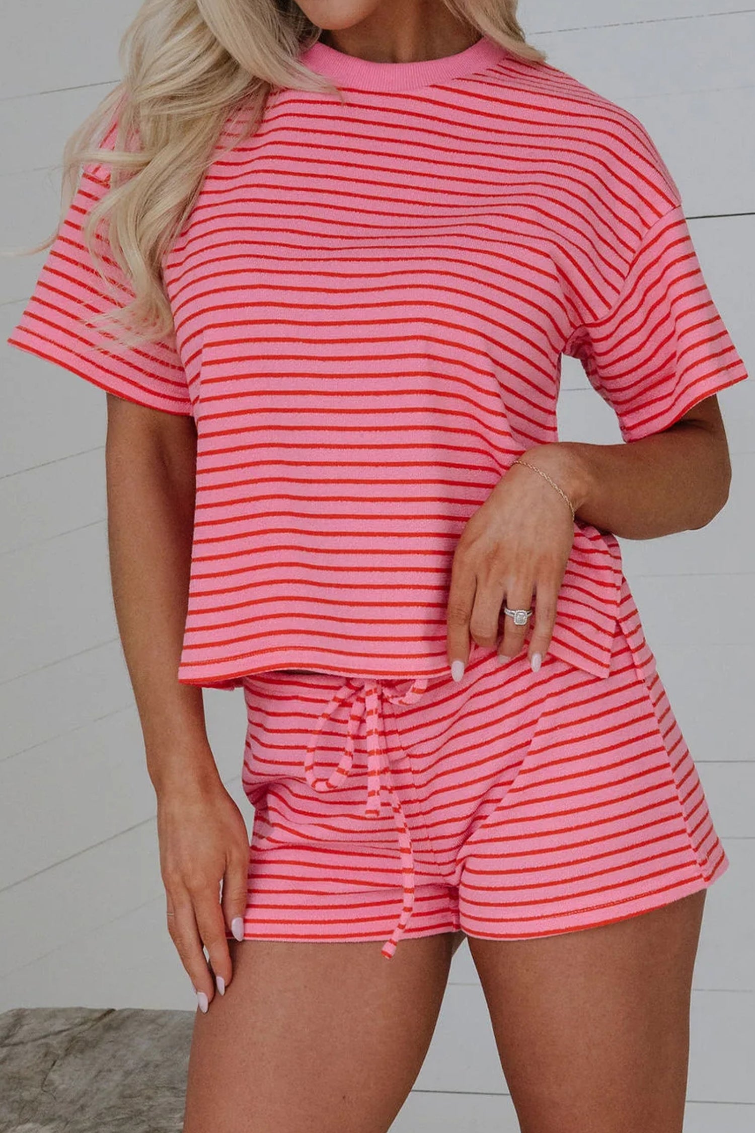Rose Stripe Side Split Knit Tee Drawstring Shorts Set