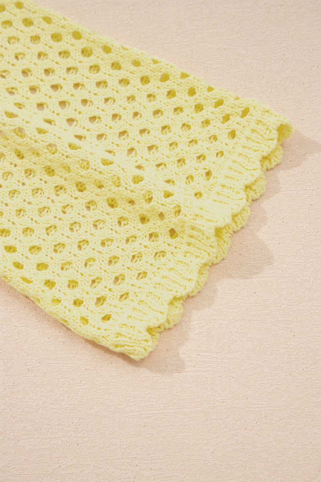 Yellow Cream Scalloped Trim Hollow Out Knit Long Sleeve Top