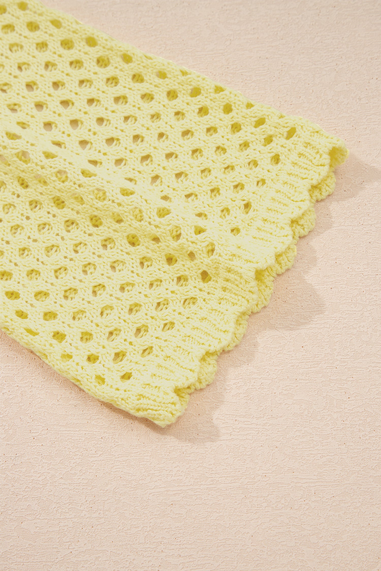 Yellow Cream Scalloped Trim Hollow Out Knit Long Sleeve Top