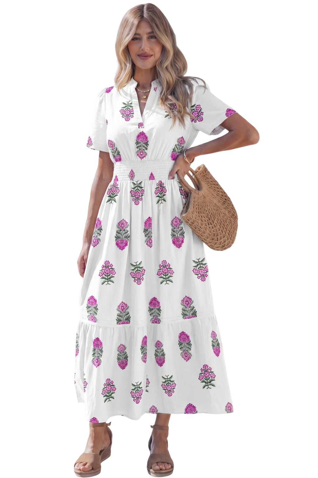 White Floral Print Split Neck Shirred High Waist Ruffle Hem Maxi Dress