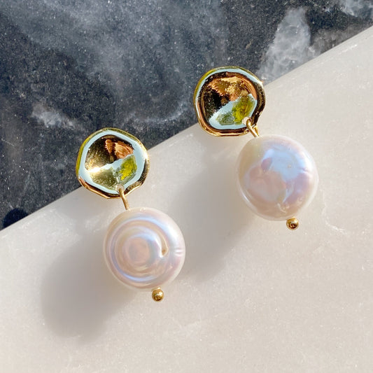 Golden Shell Pearl Drop Earrings by Ellisonyoung.com
