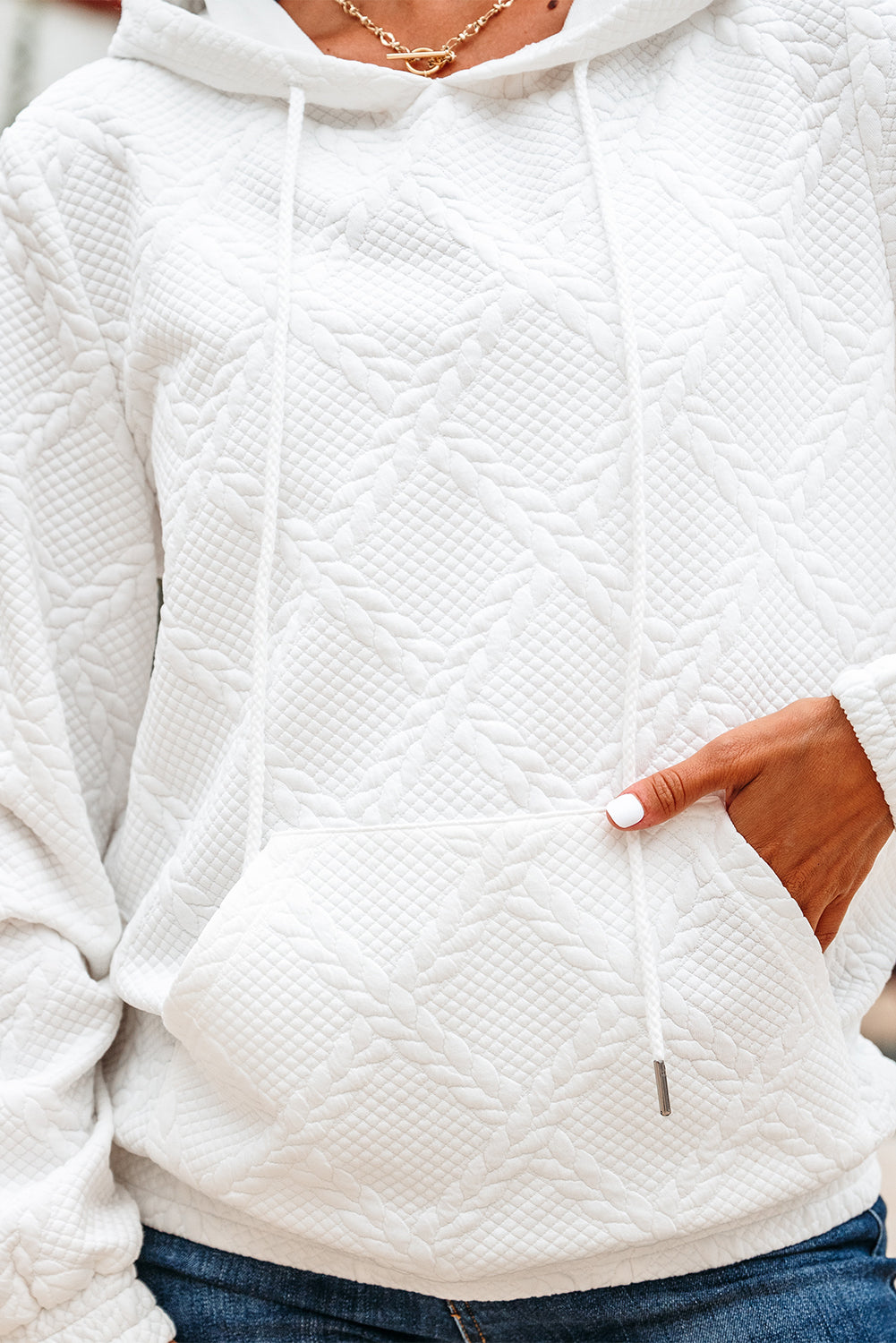 White Cable Lattice Texture Kangaroo Pocket Hoodie