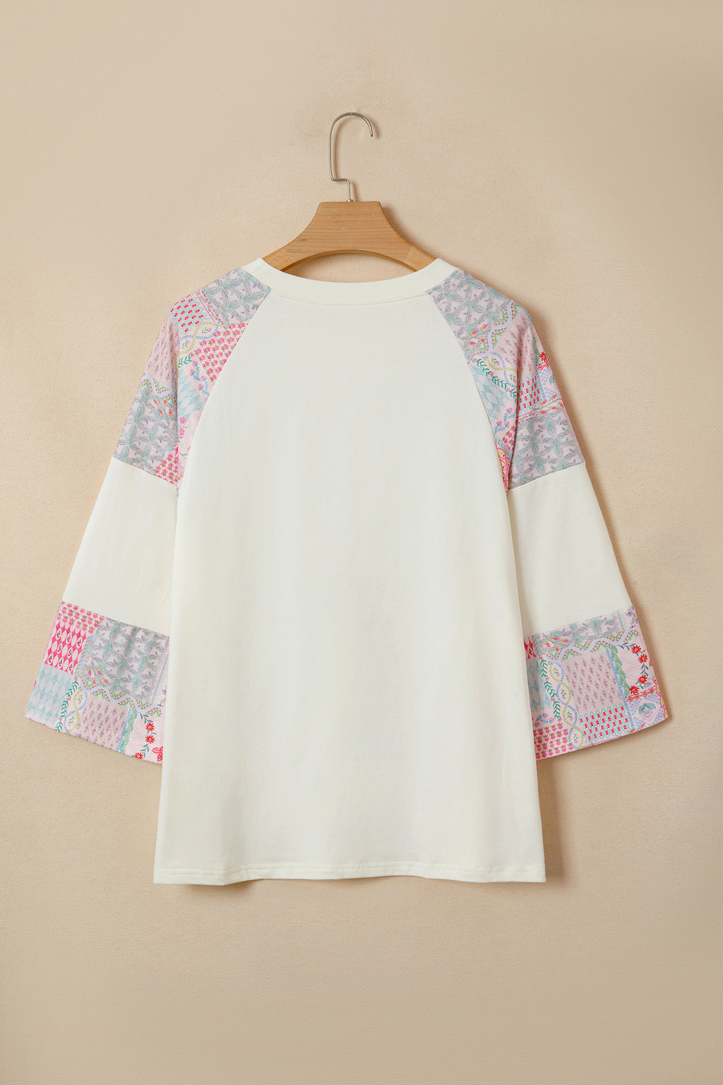 Beige Color Block Retro Floral Patchwork Long Sleeve Top