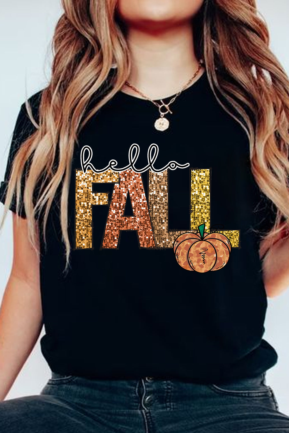 Black Hello Fall Letter Pumpkin Printed Thanksgiving T Shirt
