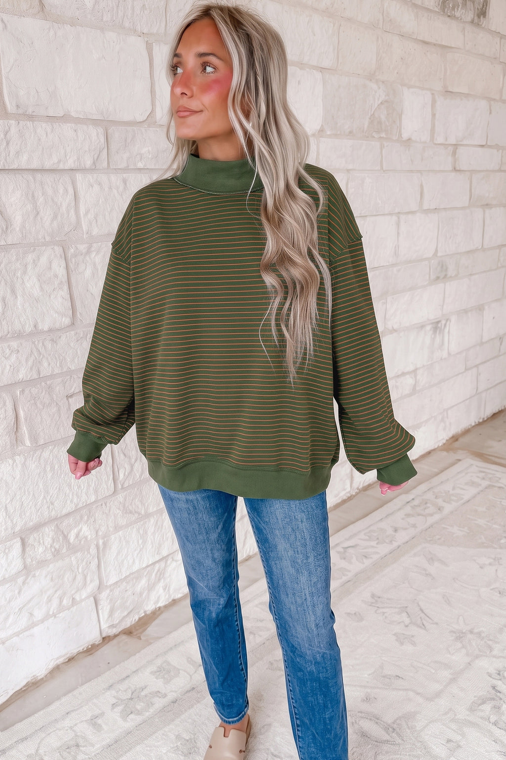 Khaki Stripe Ribbed Color Block Mock Neck Oversized Sweatshirt
