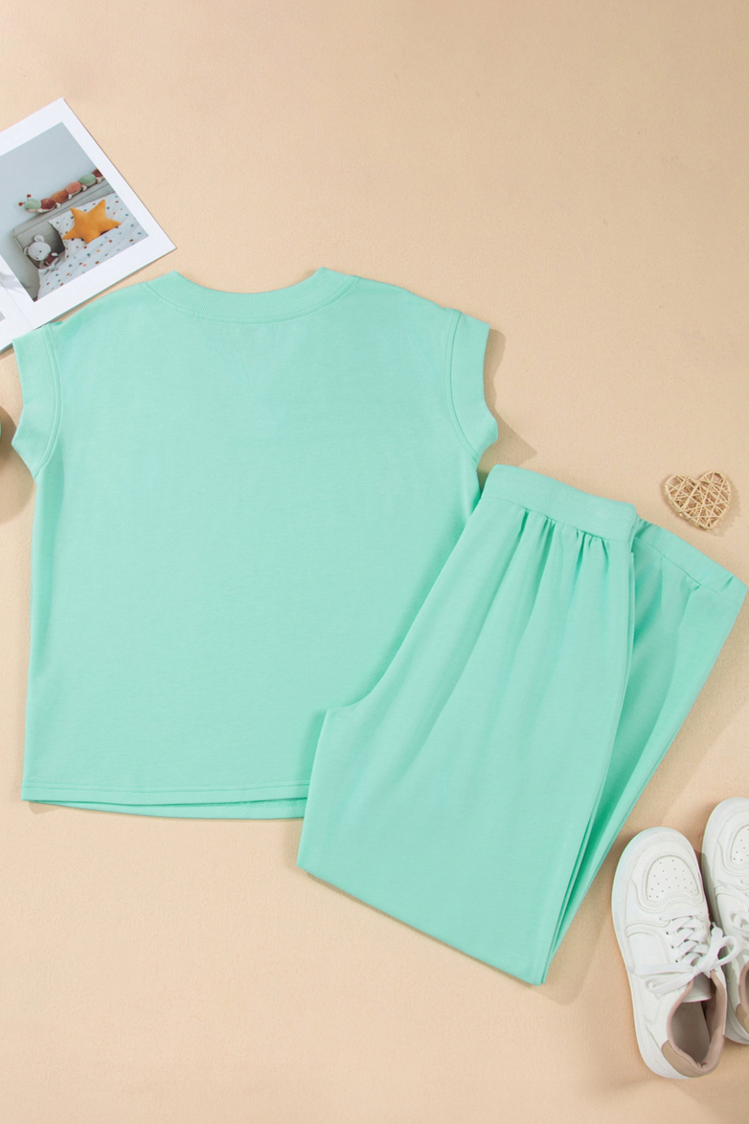 Mint Green Solid V-Neck Tee and Drawstring Plus Size Pants Set