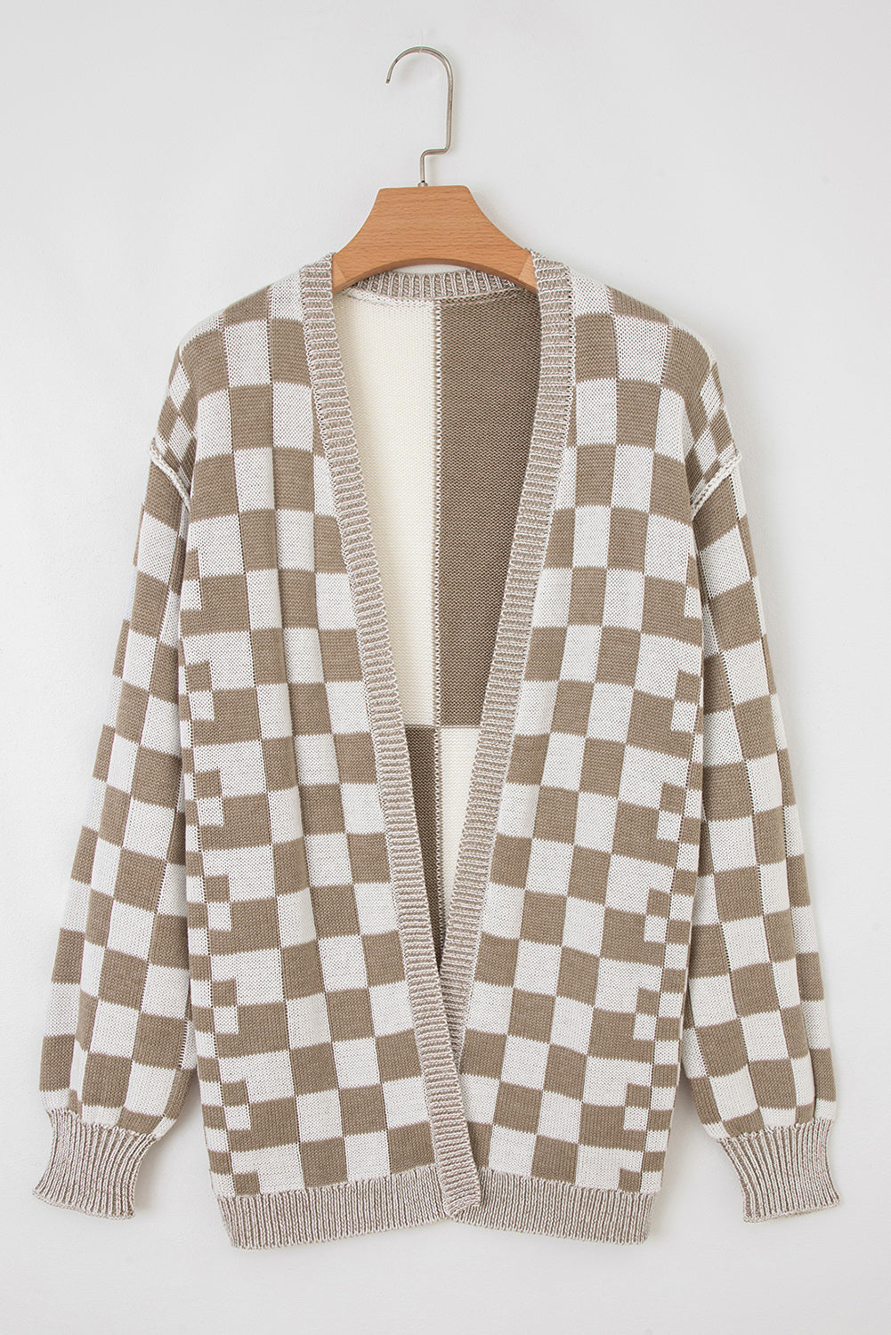 Brown Checkered Open Front Drop Shoulder Cardigan