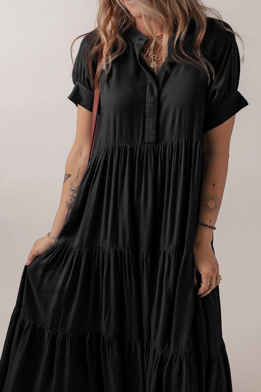 Black Hidden Buttons Short Sleeve Ruffle Tiered Long Flared Dress
