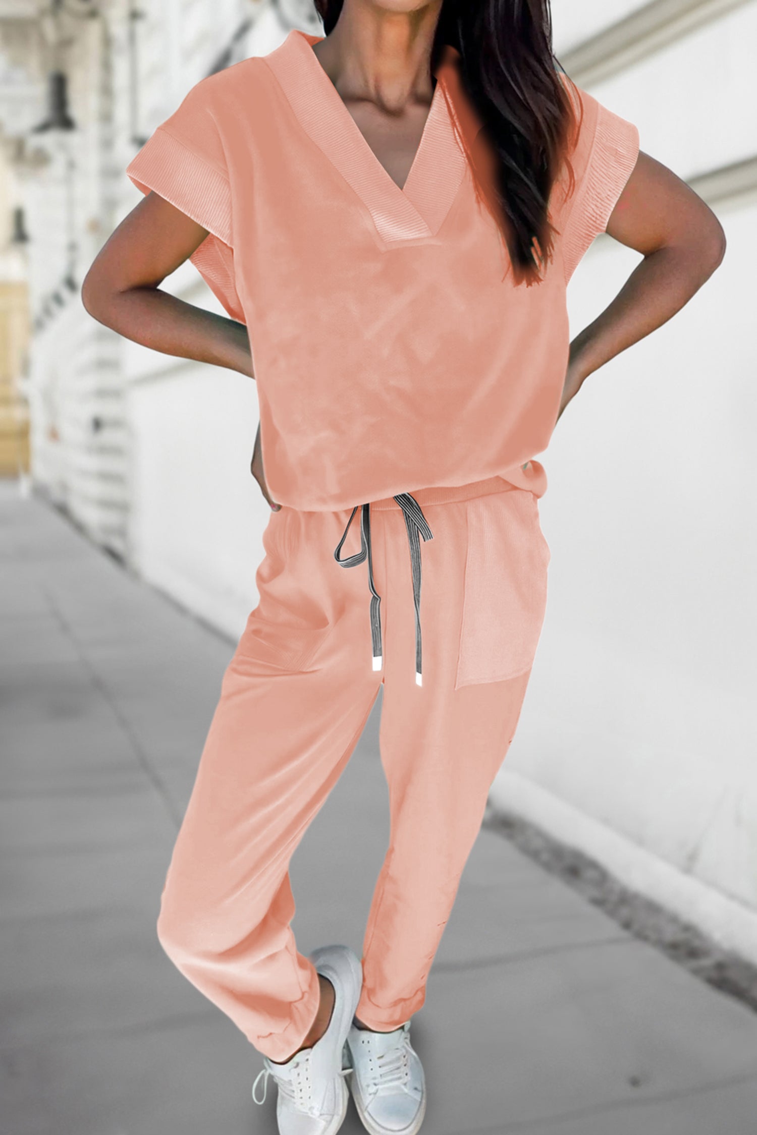 Apricot Pink Solid Color V Neck Tee Drawstring Pant Set