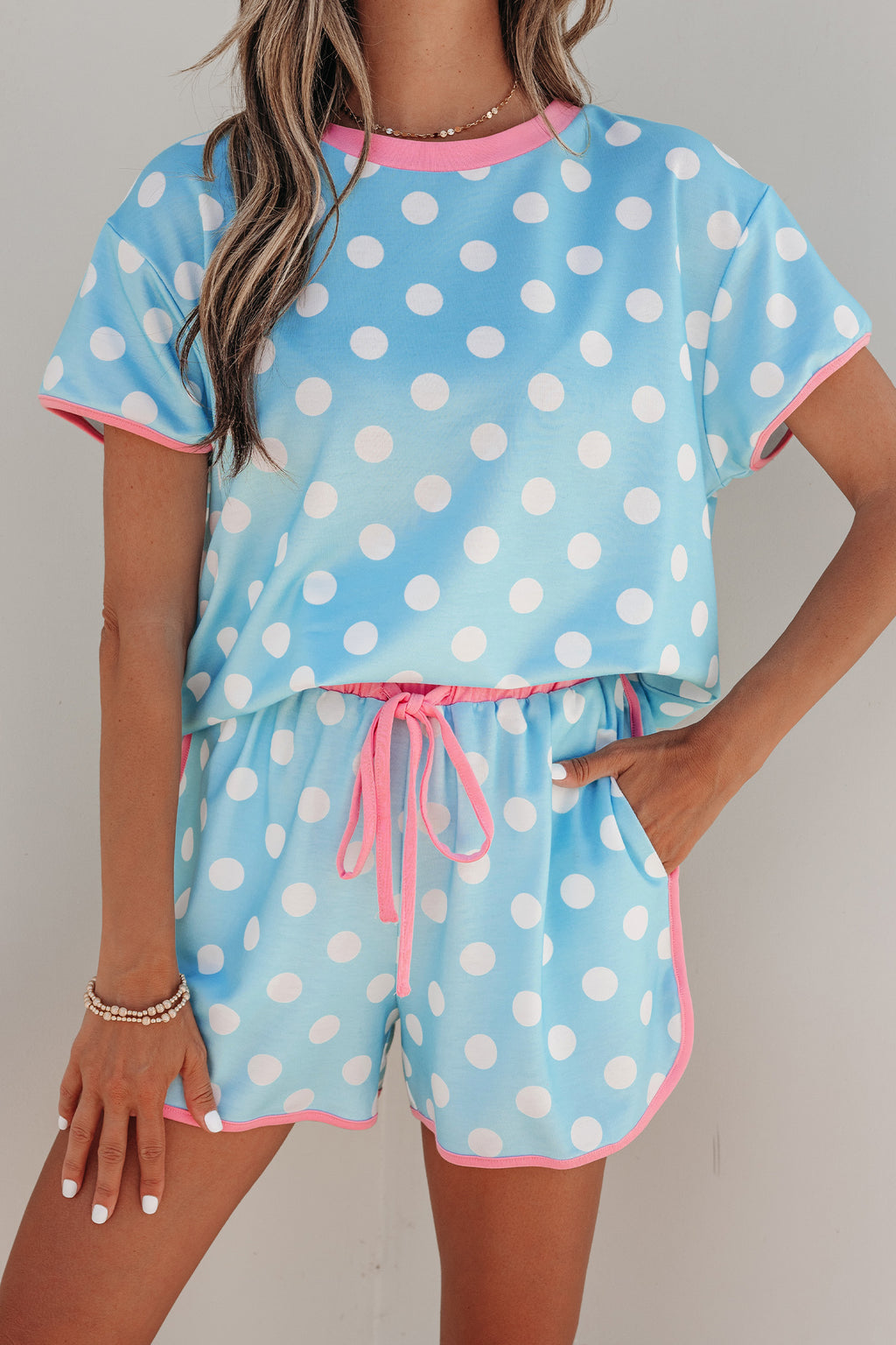 Sky Blue Polka Dot Contrast Edge Casual Short Set