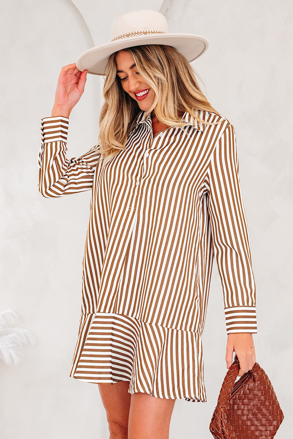 Brown Stripe Ruffled Hem Collared Long Sleeve Shirt Mini Dress