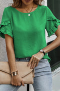 Sea Green Solid Color Ruffle Trim Short Sleeve Blouse