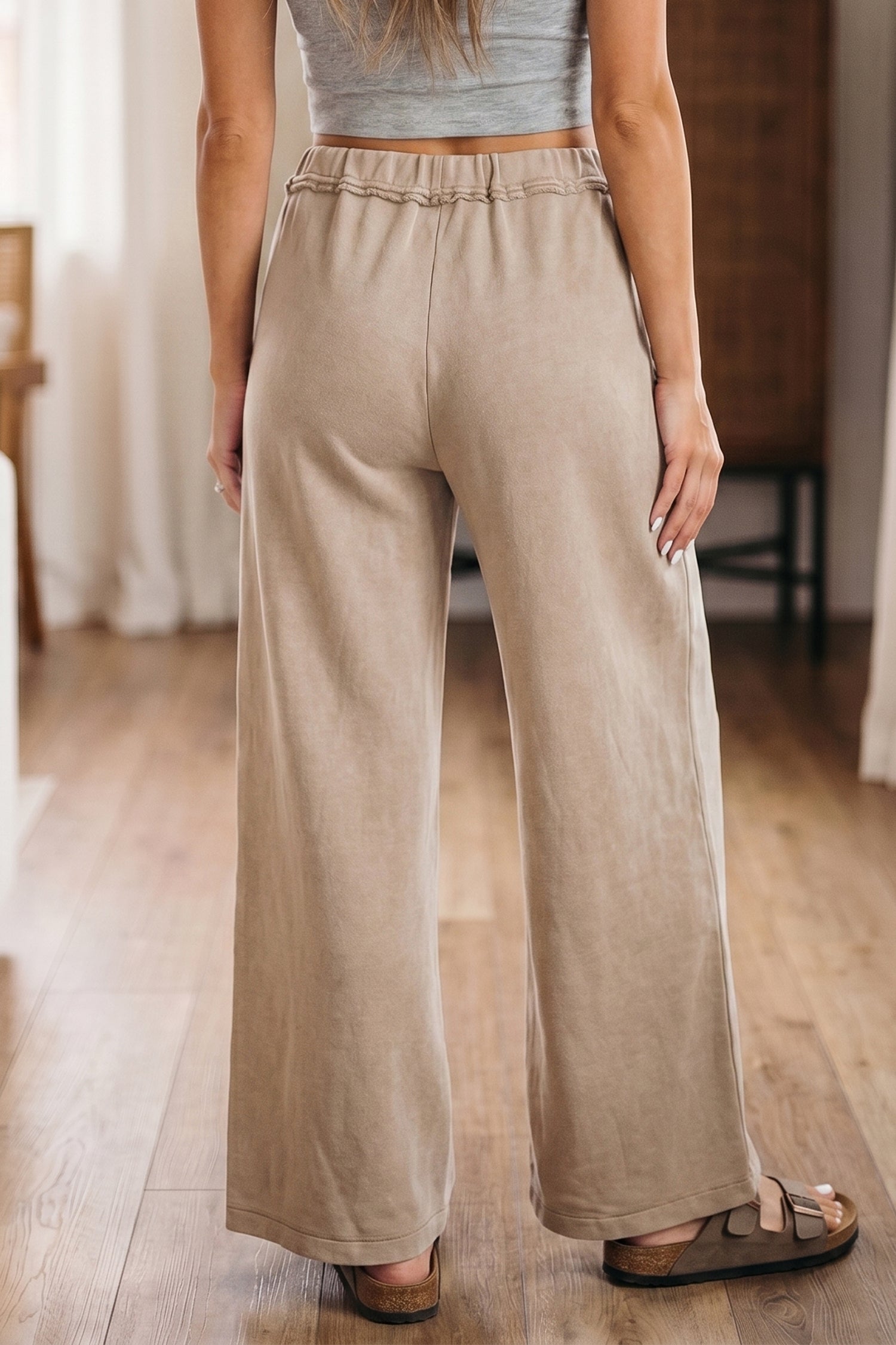 Smoke Gray Mineral Wash Drawstring Retro High Waist Wide Leg Western Pants