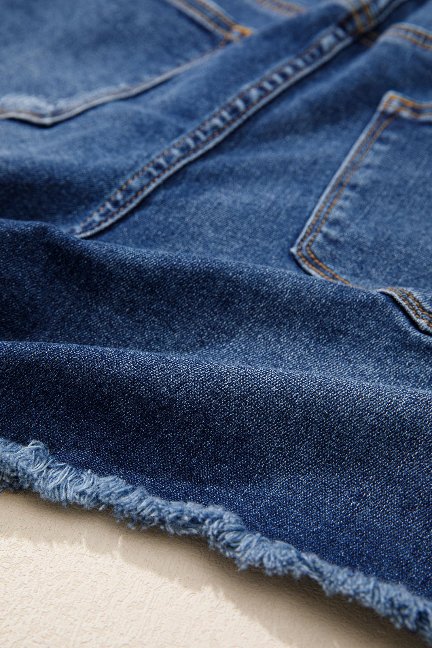 Sail Blue Asymmetric Raw Hem Distressed Whiskery Denim Shorts
