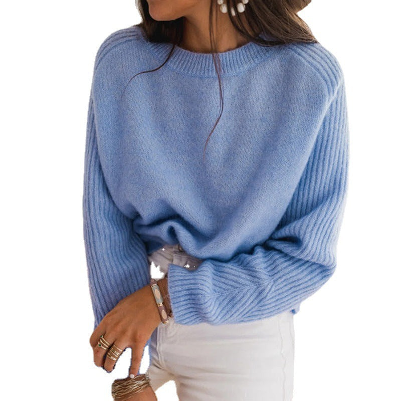 European Blue Bedford Cord Sweater Women's Round-Collar Long-Sleeve Knitwear Casual Women's Clothing Fashion Knit Top Outerwear