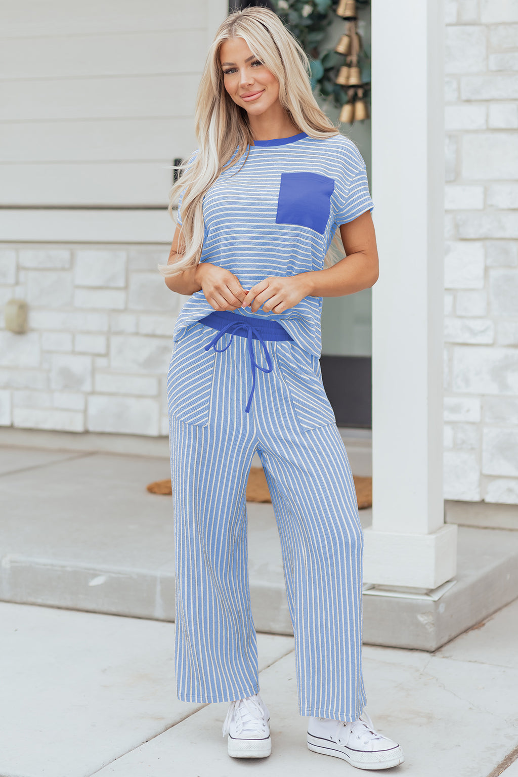 Sky Blue Stripe Crew Neck Tee Drawstring Waist Cropped Pants Set