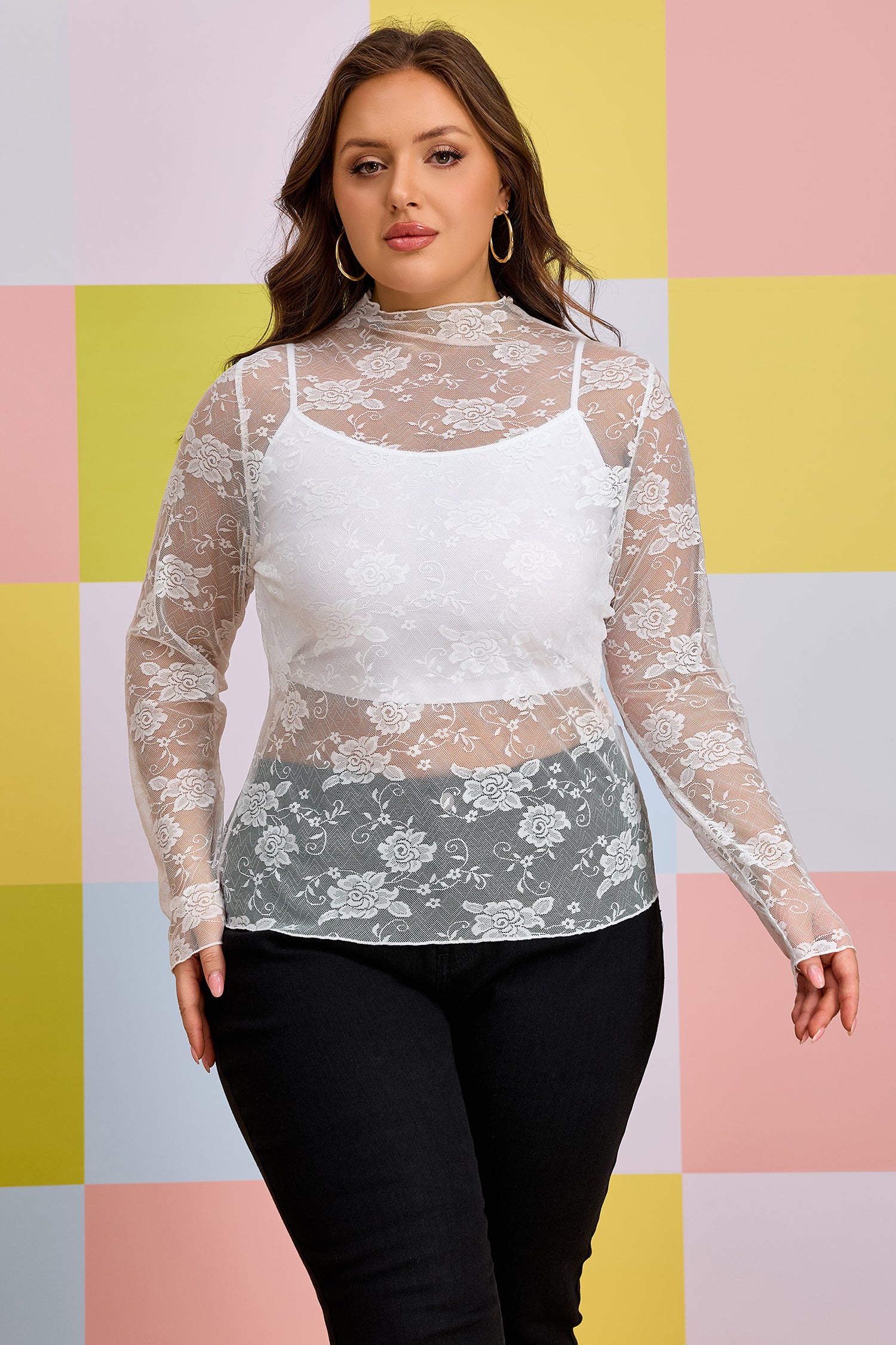 White Plus Size Floral Mesh Long Sleeve Top