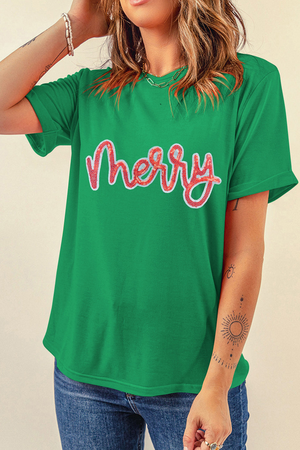 Bright Green merry Sequin Letter Graphic Cotton Blend Tee