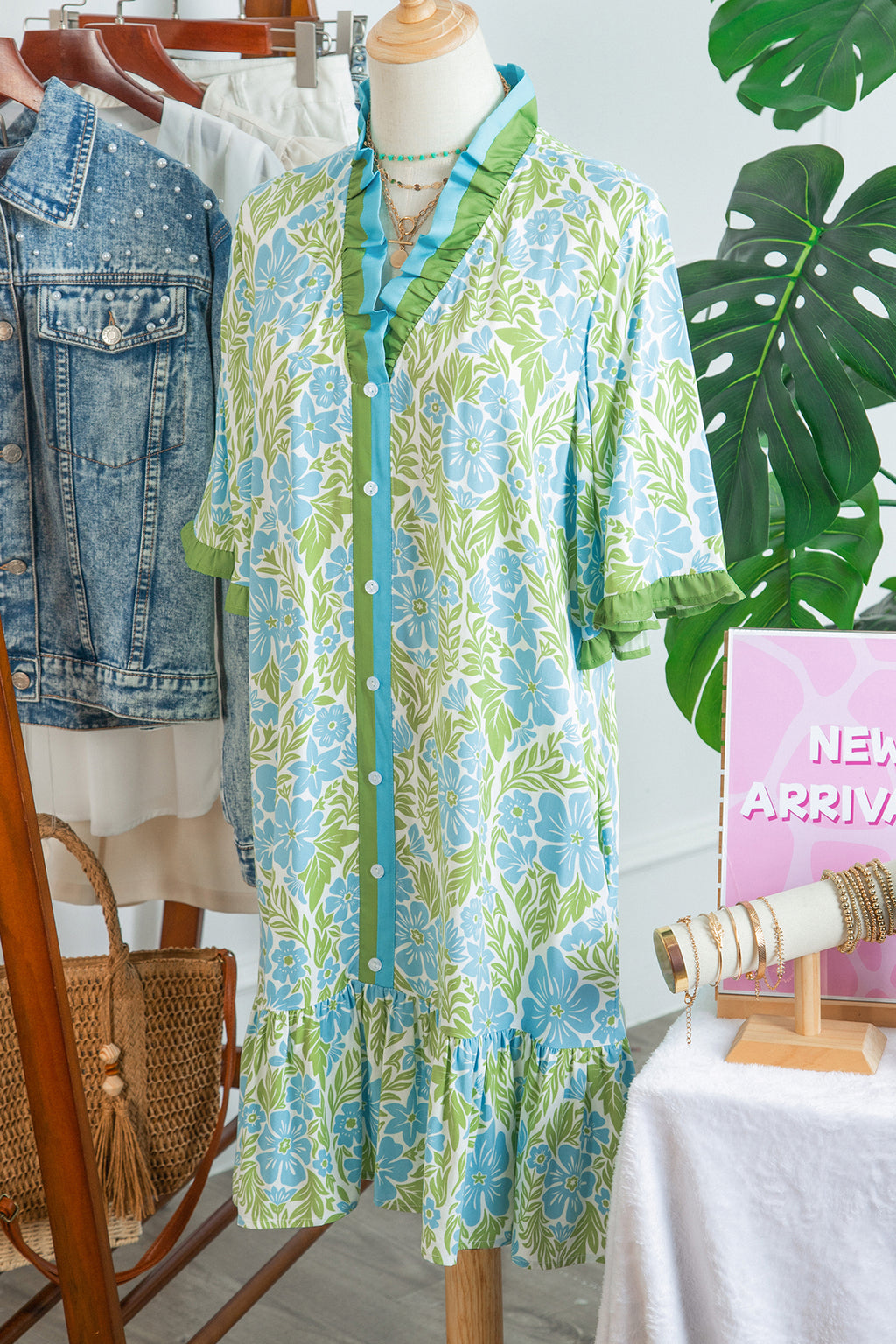 Sky Blue Botanical Floral Print Frilled Trim V Neck Button Front Loose Dress