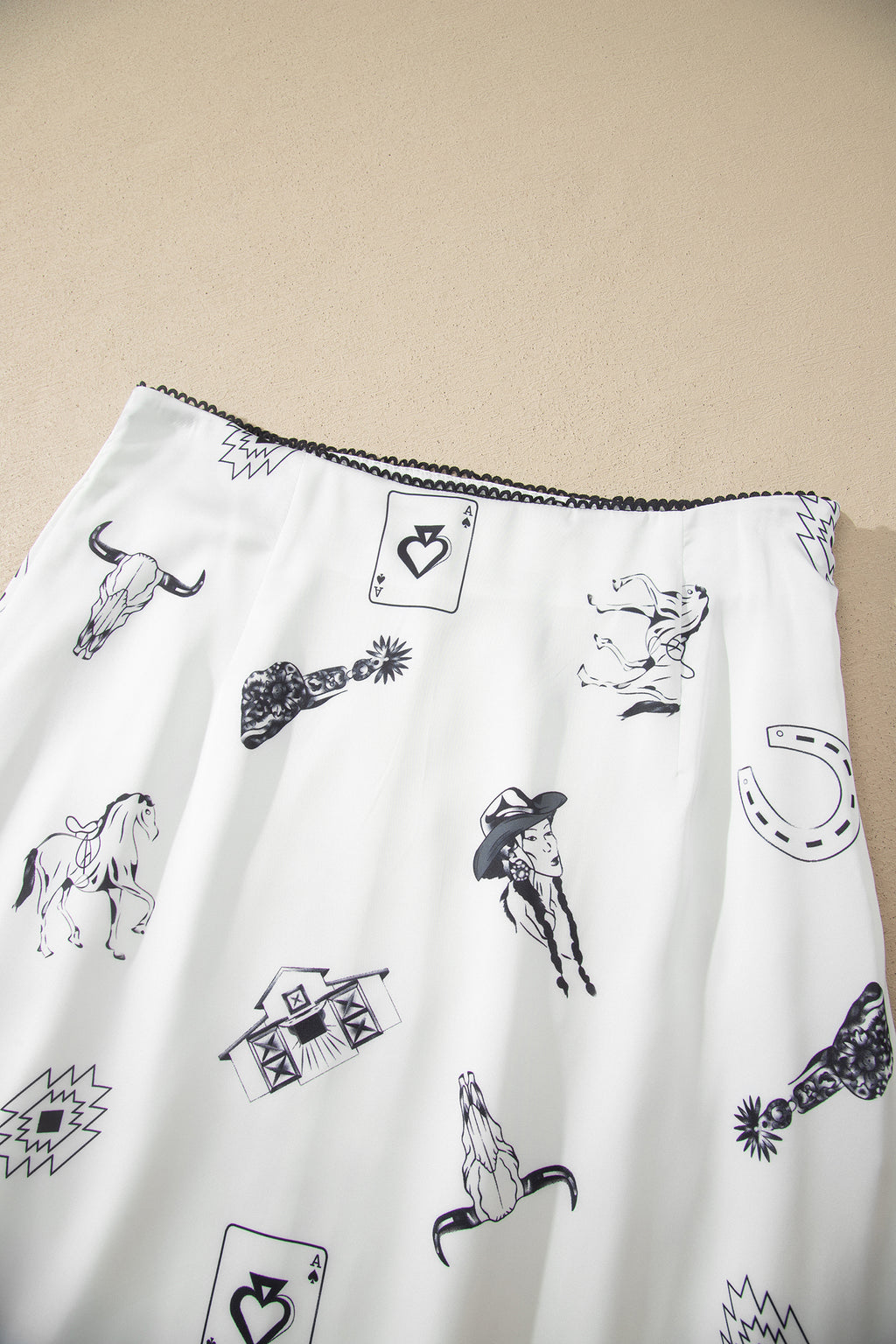 White Western Print Satin Long Skirt