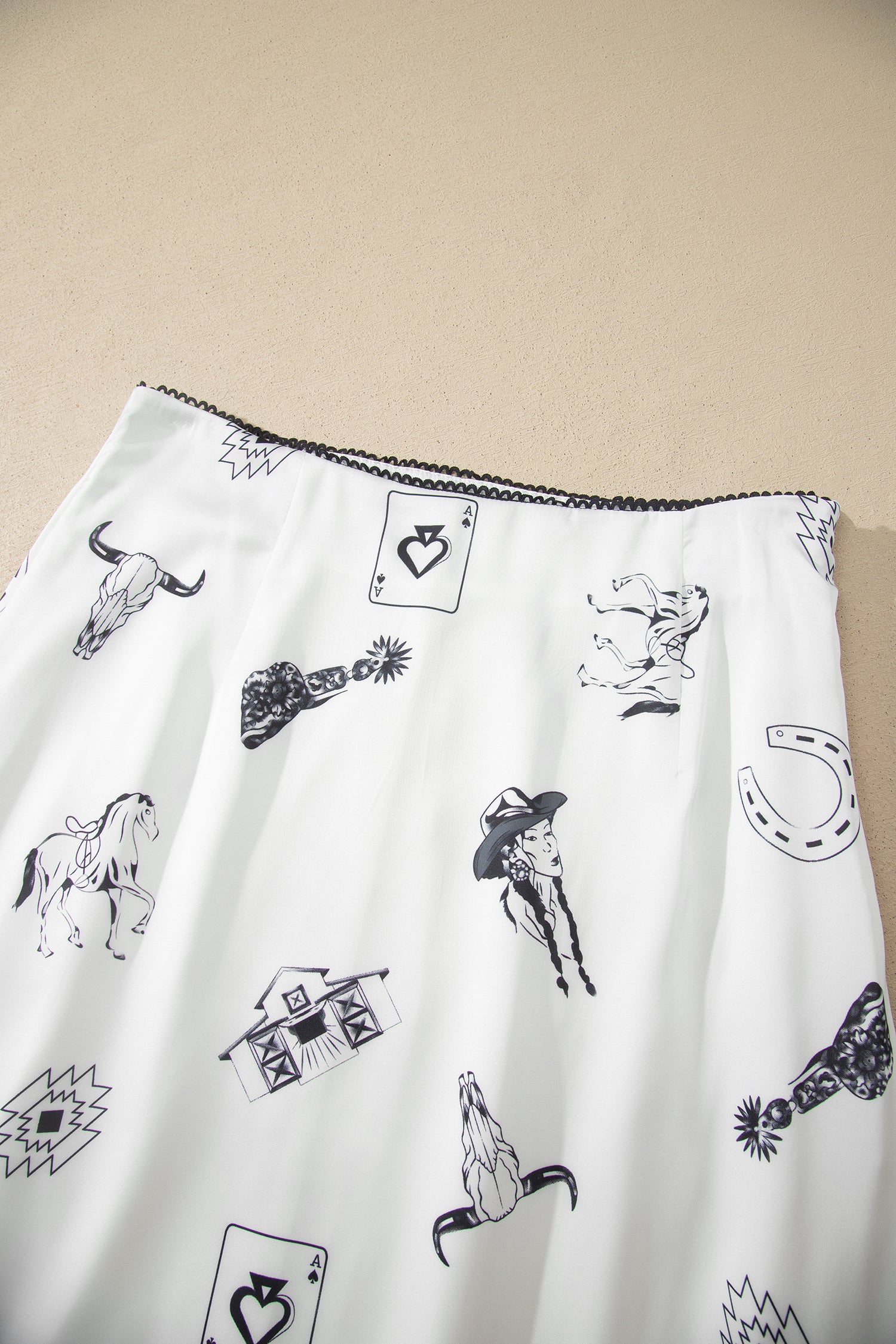 White Western Print Satin Long Skirt