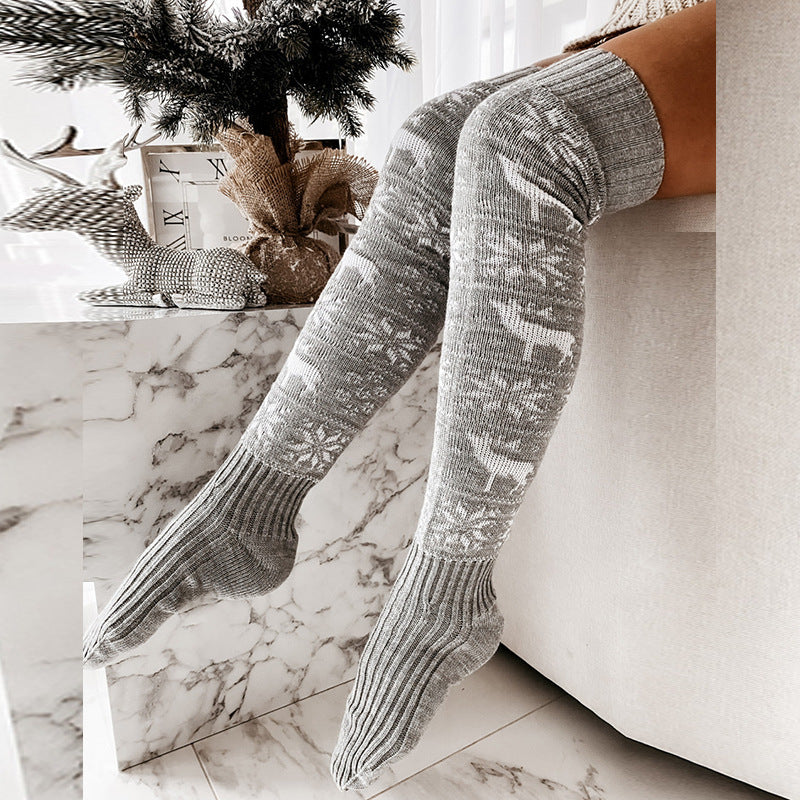 Winter Christmas Warm Knitted Beautiful Elk Snowflake Jacquard Over-the-Knee Casual Long Socks