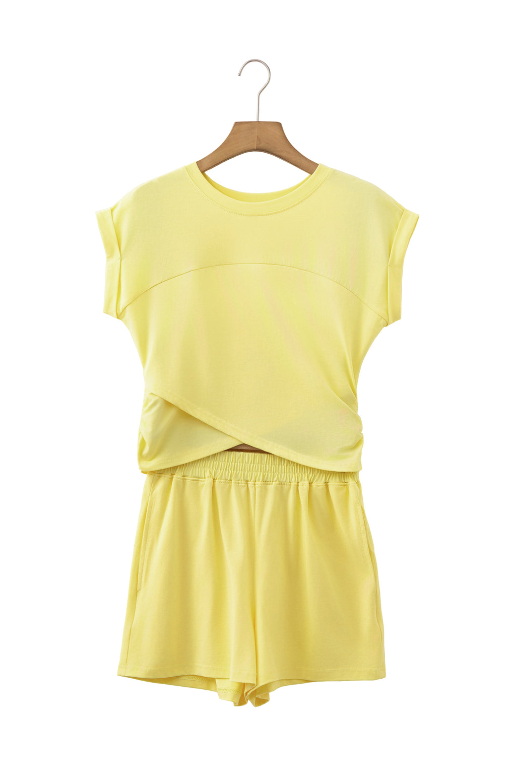 Yellow Cream Solid Short Sleeve Elastic Waist Pocket Casual Two Piece Short Set