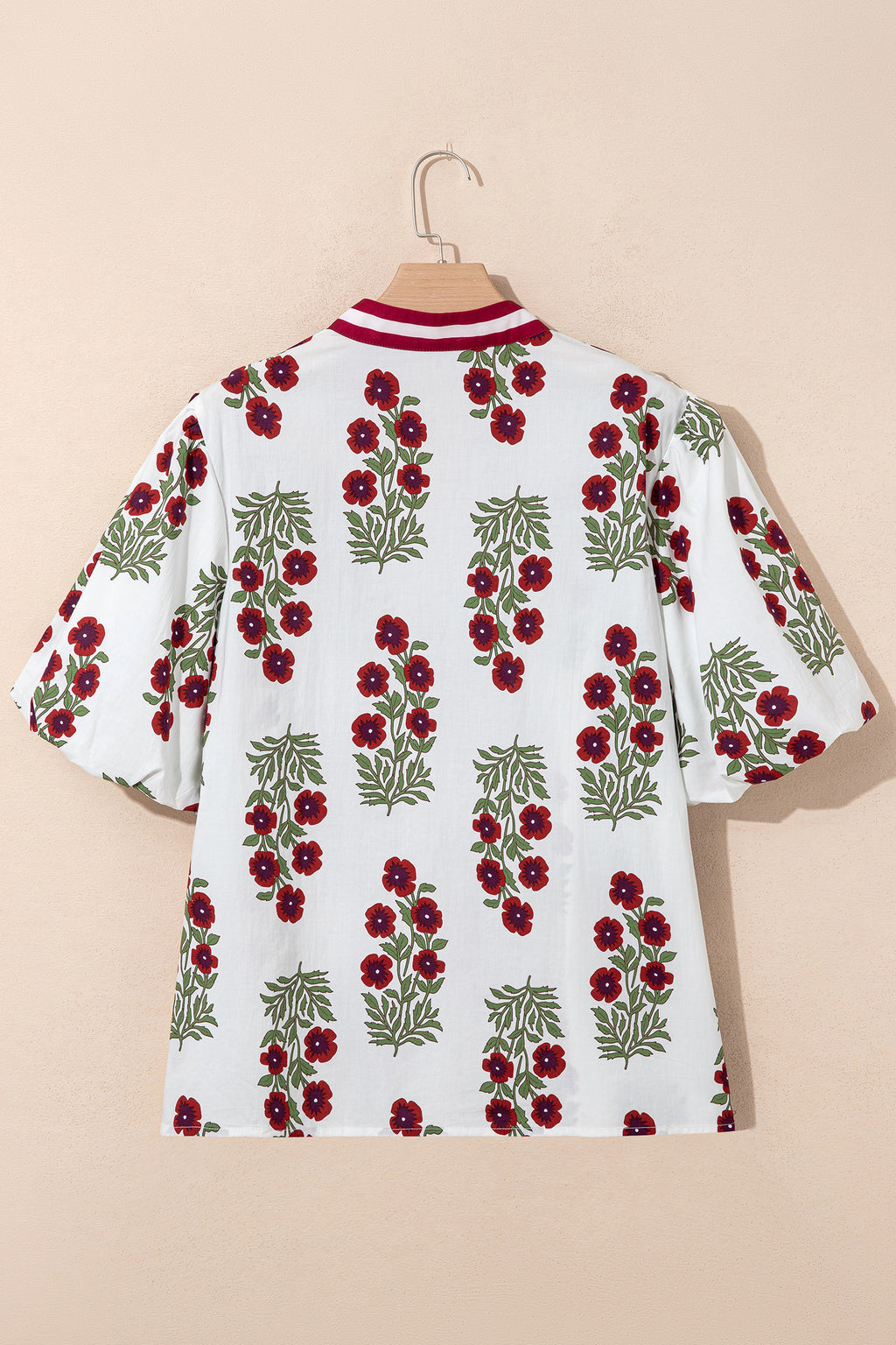 White Plus Size Floral Print Ricrac Striped Trim Short Sleeve Cotton Blouse