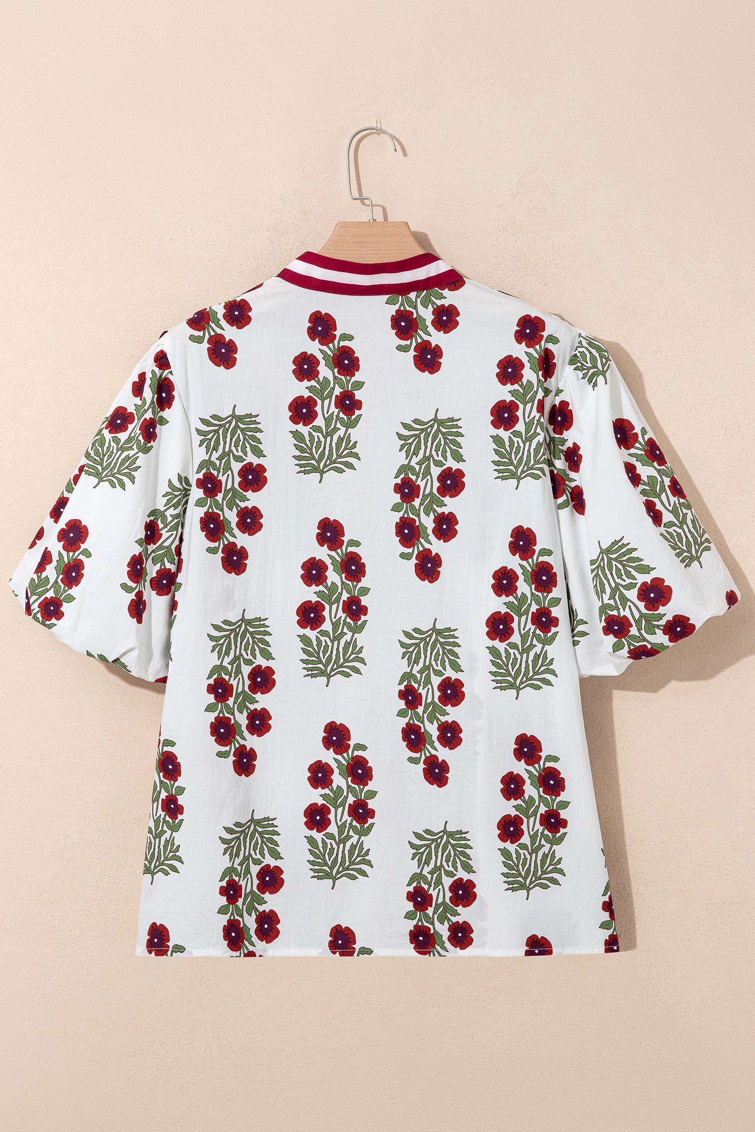 White Plus Size Floral Print Ricrac Striped Trim Short Sleeve Cotton Blouse