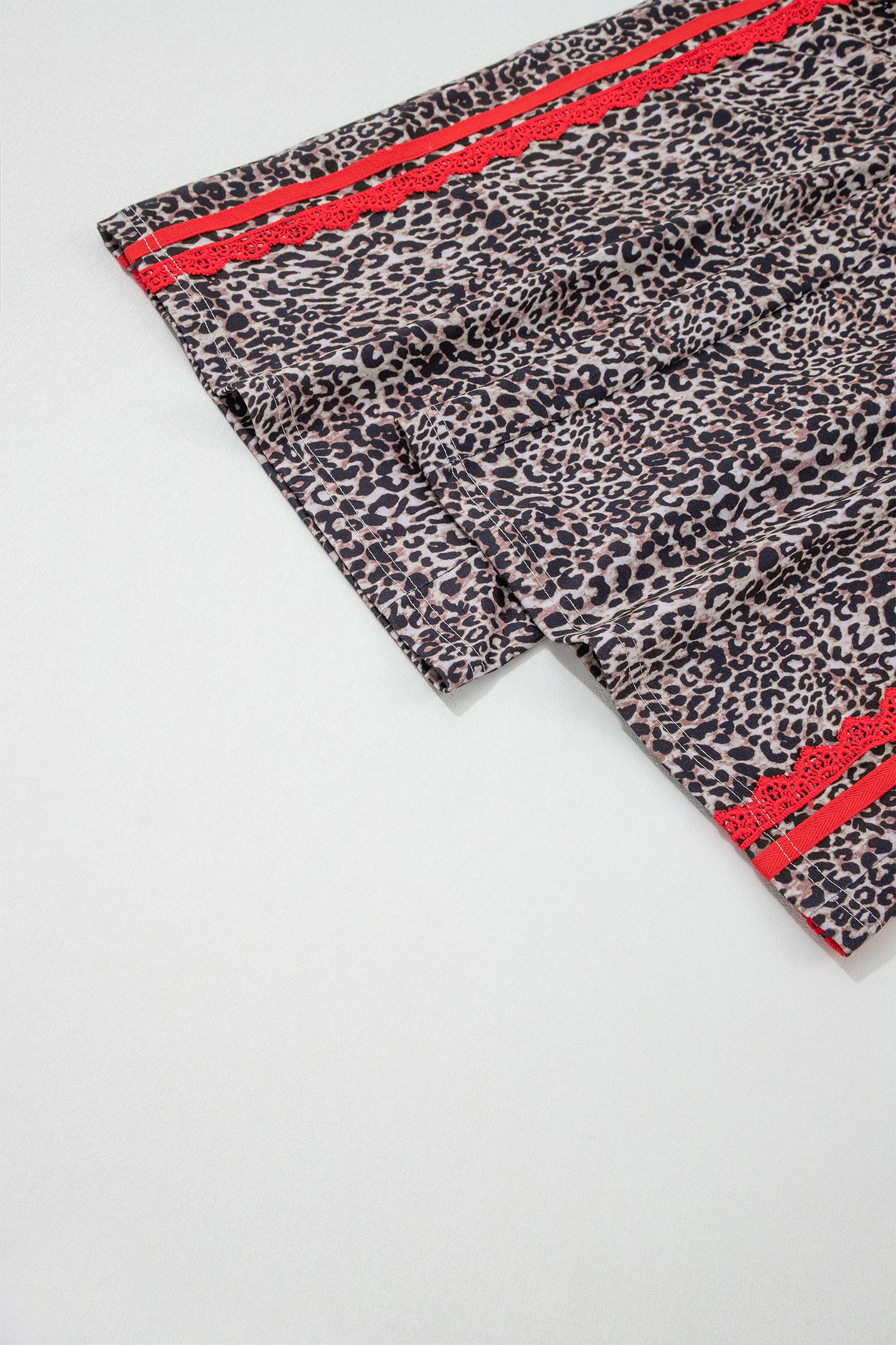 Brown Wild Leopard Print Contrast Lace Striped Detail Drawstring Pants