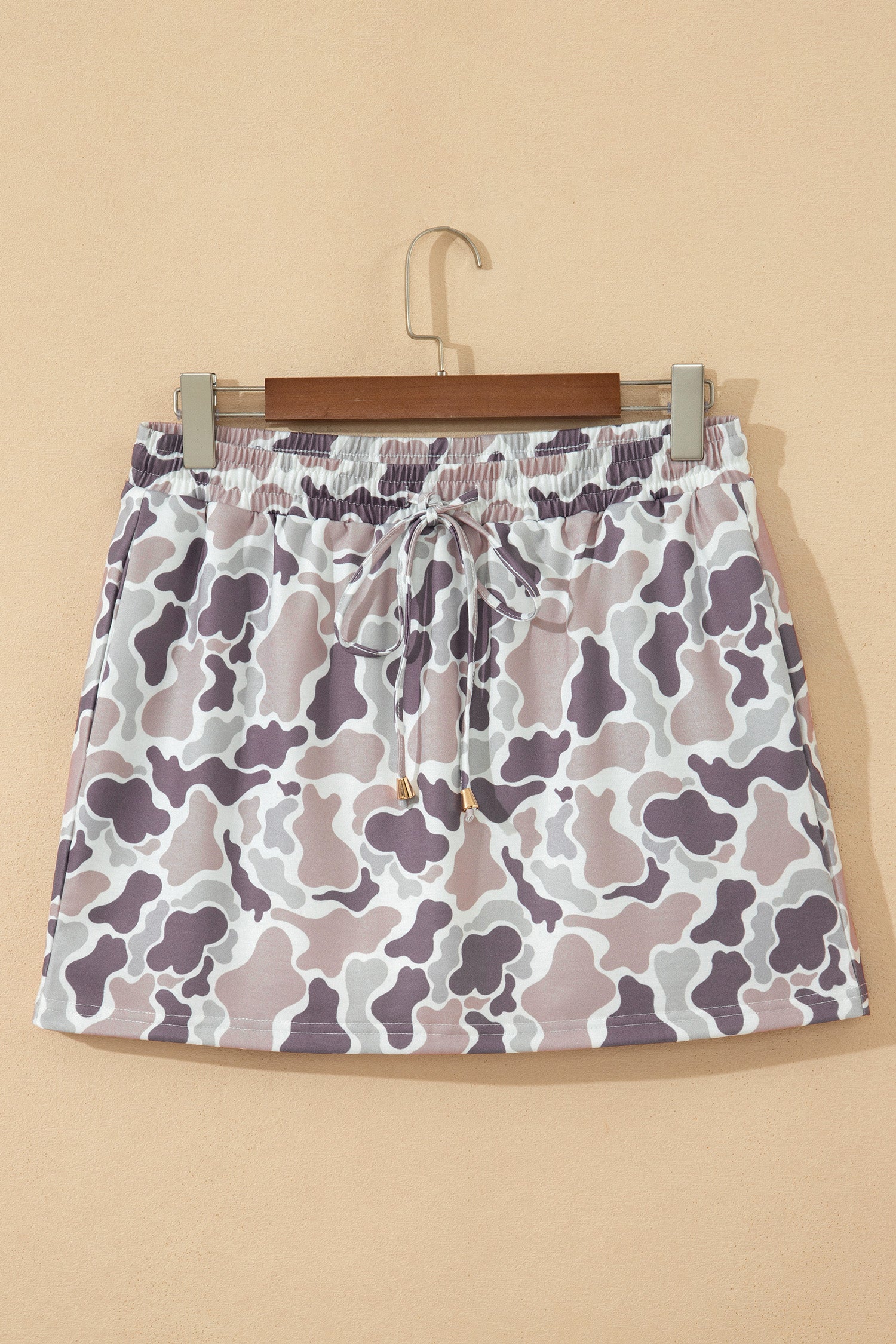 Khaki Abstract Camo Elastic Waist Drawstring Mini Skort