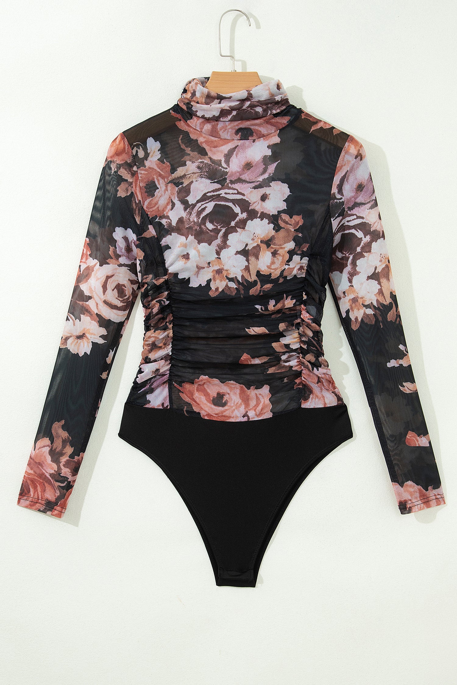 Brown Floral Mesh Long Sleeve High Neck Bodysuit