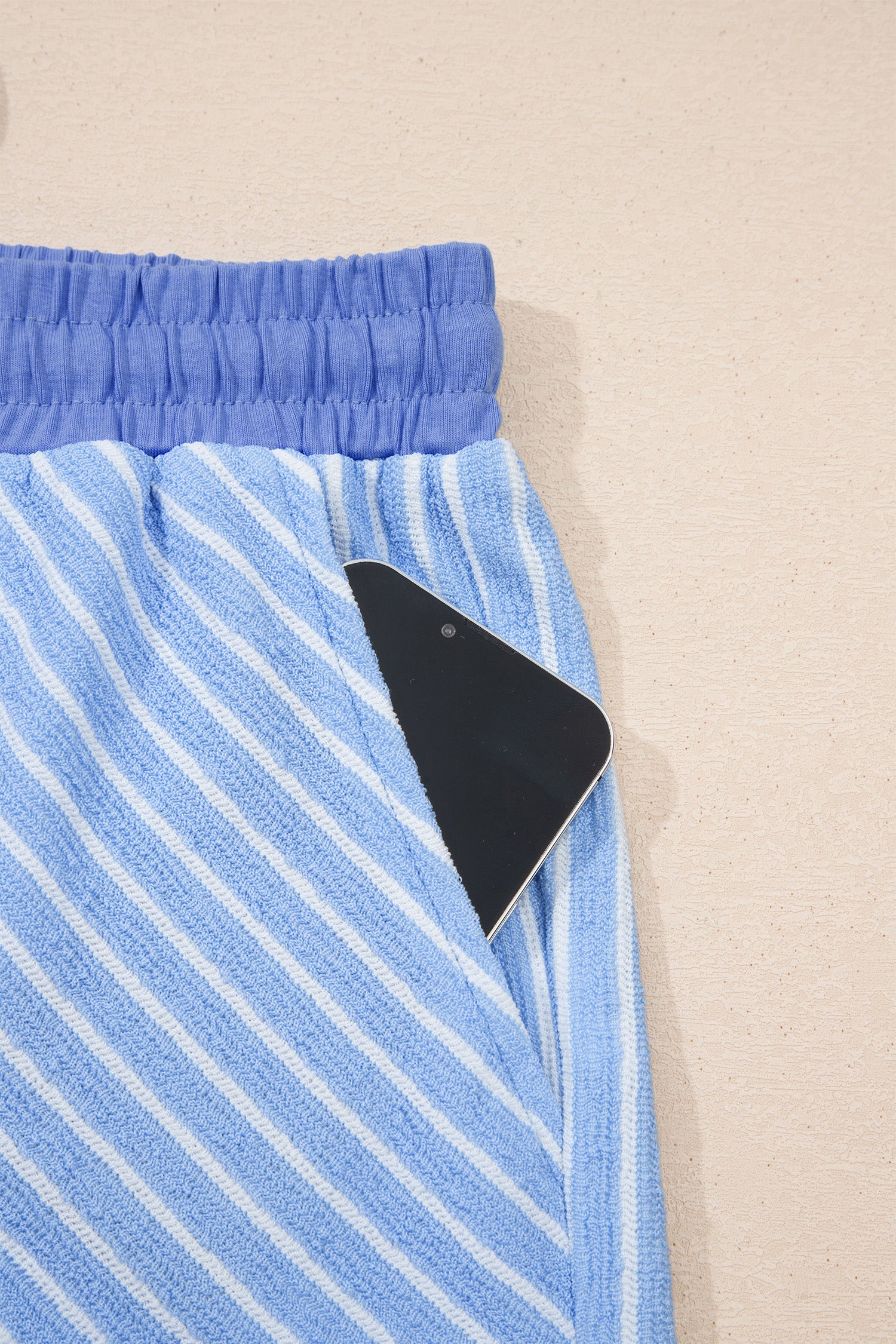 Sky Blue Stripe Crew Neck Tee Drawstring Waist Cropped Pants Set