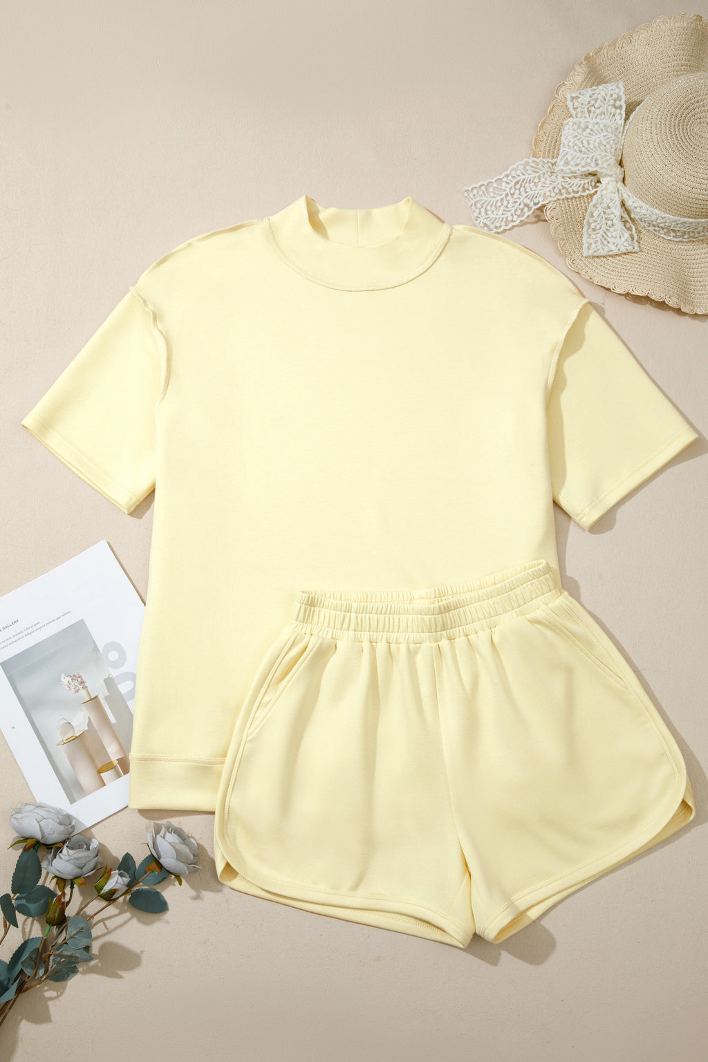 Yellow Cream Solid Color Exposed Seam Mock Neck Oversize Tee Casual Shorts 2pcs Outfit