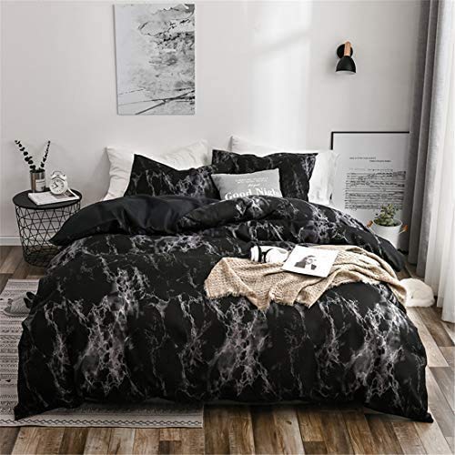 Bsmilly Marble Duvet Covers Queen Size Black Marble Bedding Set with Soft and Warm Brushed Microfiber Men Women Modern Abstract Comforter Cover with Zipper Closure, Queen Size