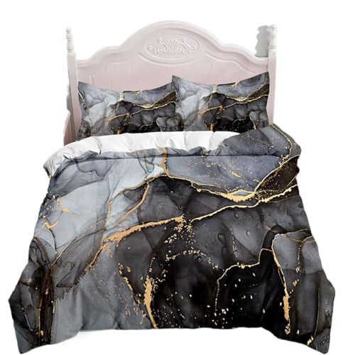 Marble Bedding Set King/Queen Grey Gold Marble Duvet Cover Men Adults Modern Abstract Art Soft Quilt Cover with Pillowcases Home Textiles for Children (US King,1)