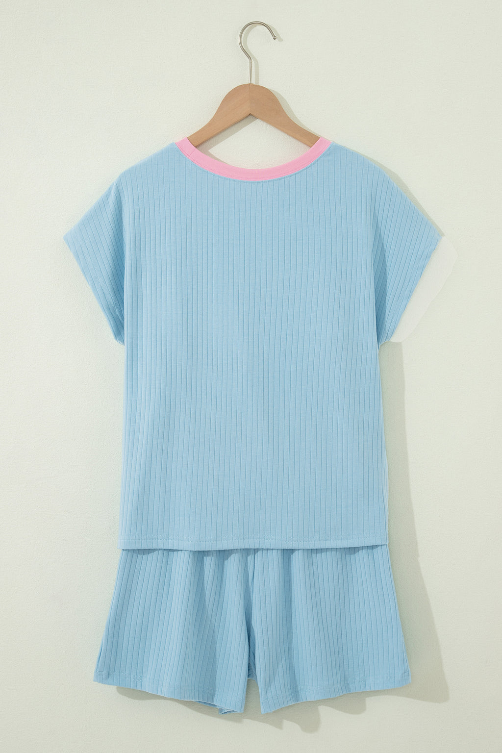 Mist Blue Soft Ribbed Color Block Trim Casual Short Set
