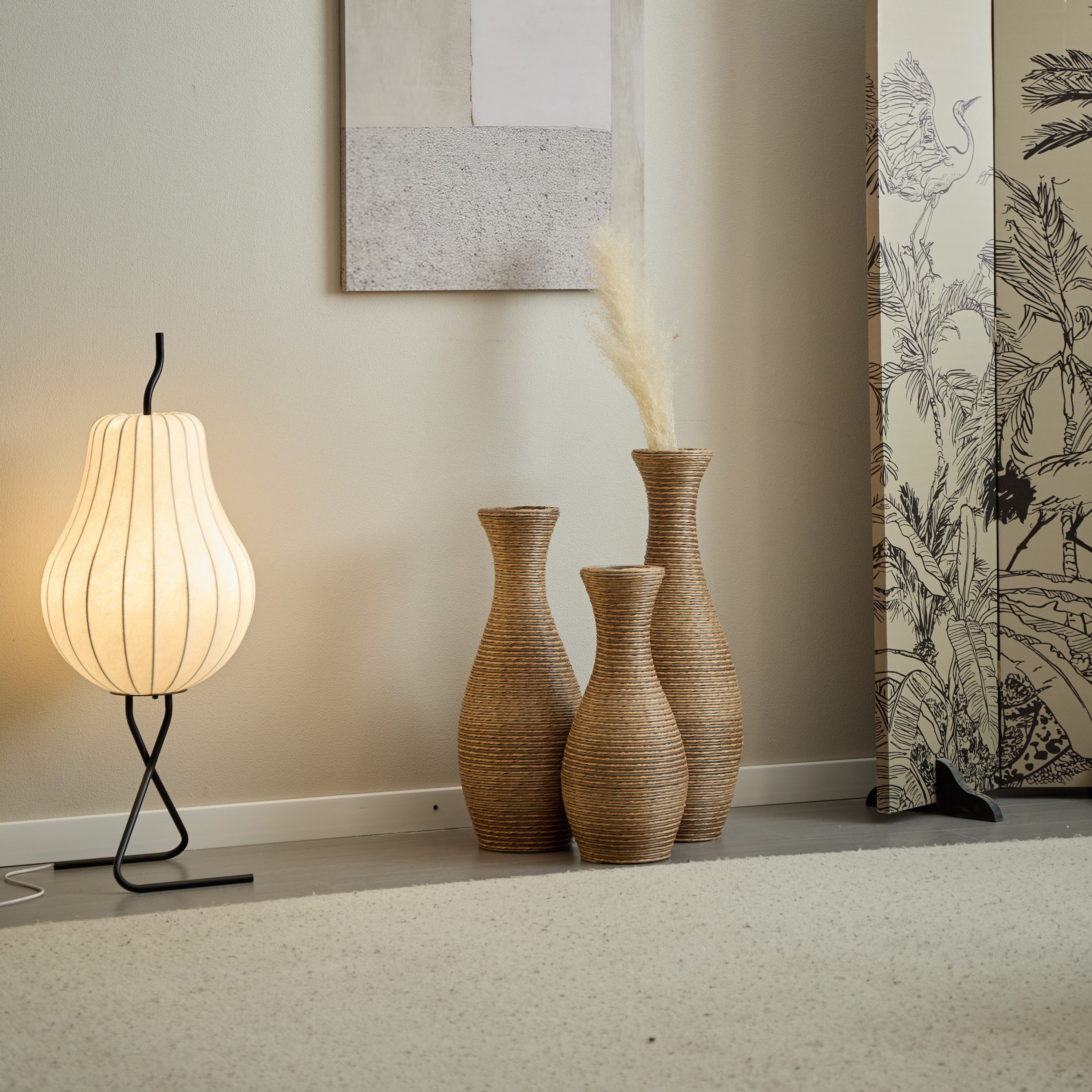 3-Piece Artificial Rattan Floor Vase Set – Decorative Accent for Living Room, Hallway & Entryway, Ideal for Dried or Silk Flower Arrangements, Beige