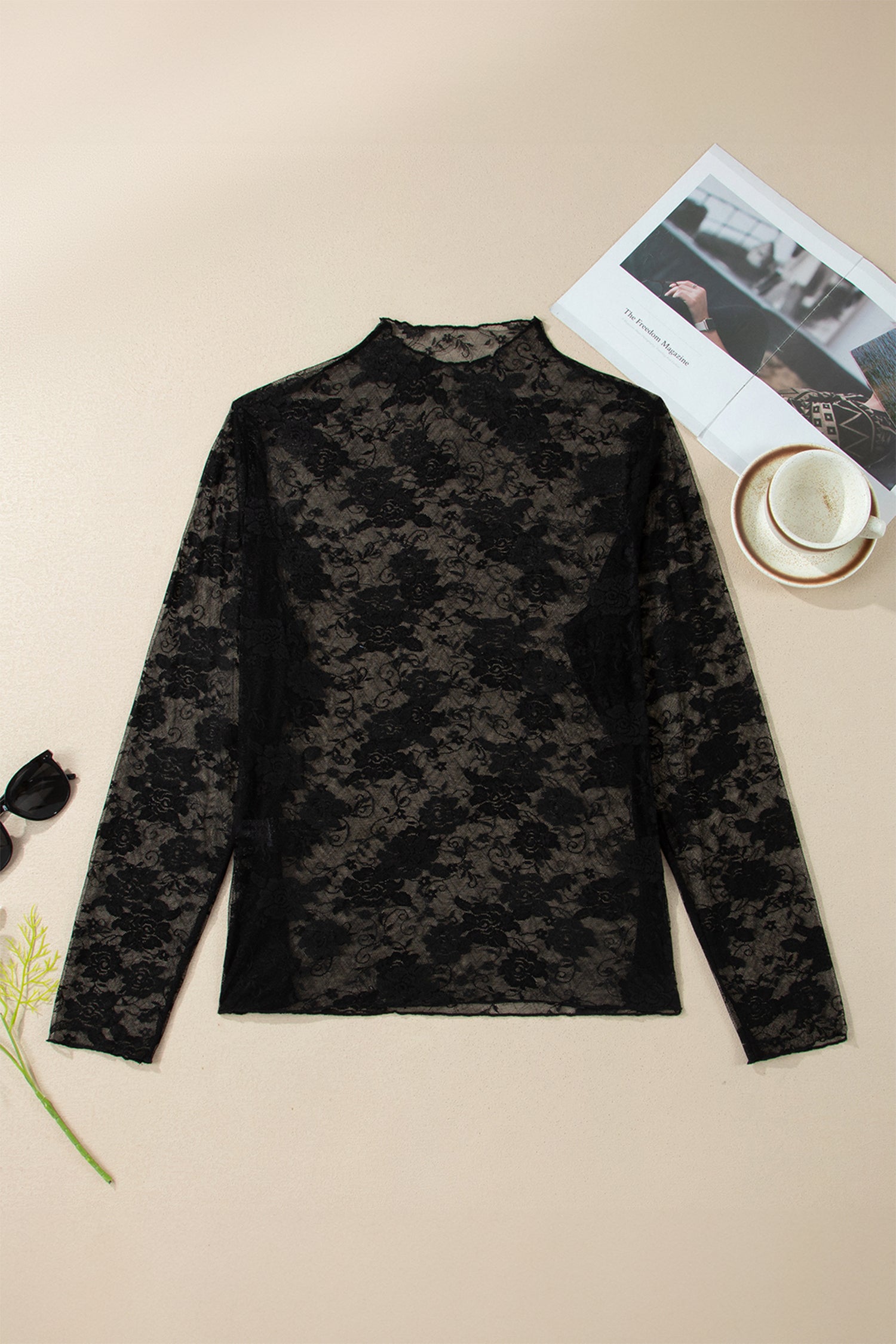 Black Plus Size Floral Mesh Long Sleeve Top