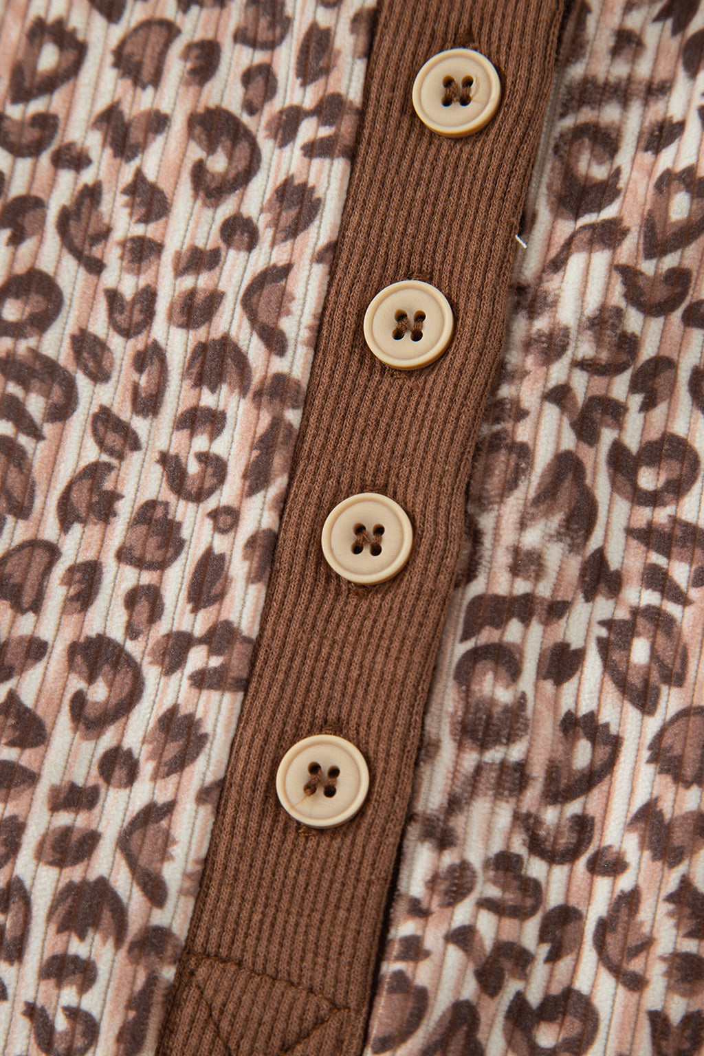 Brown Leopard Print Ribbed Patchwork Half Button Loose Tee Elastic Waist Short 2pcs Set