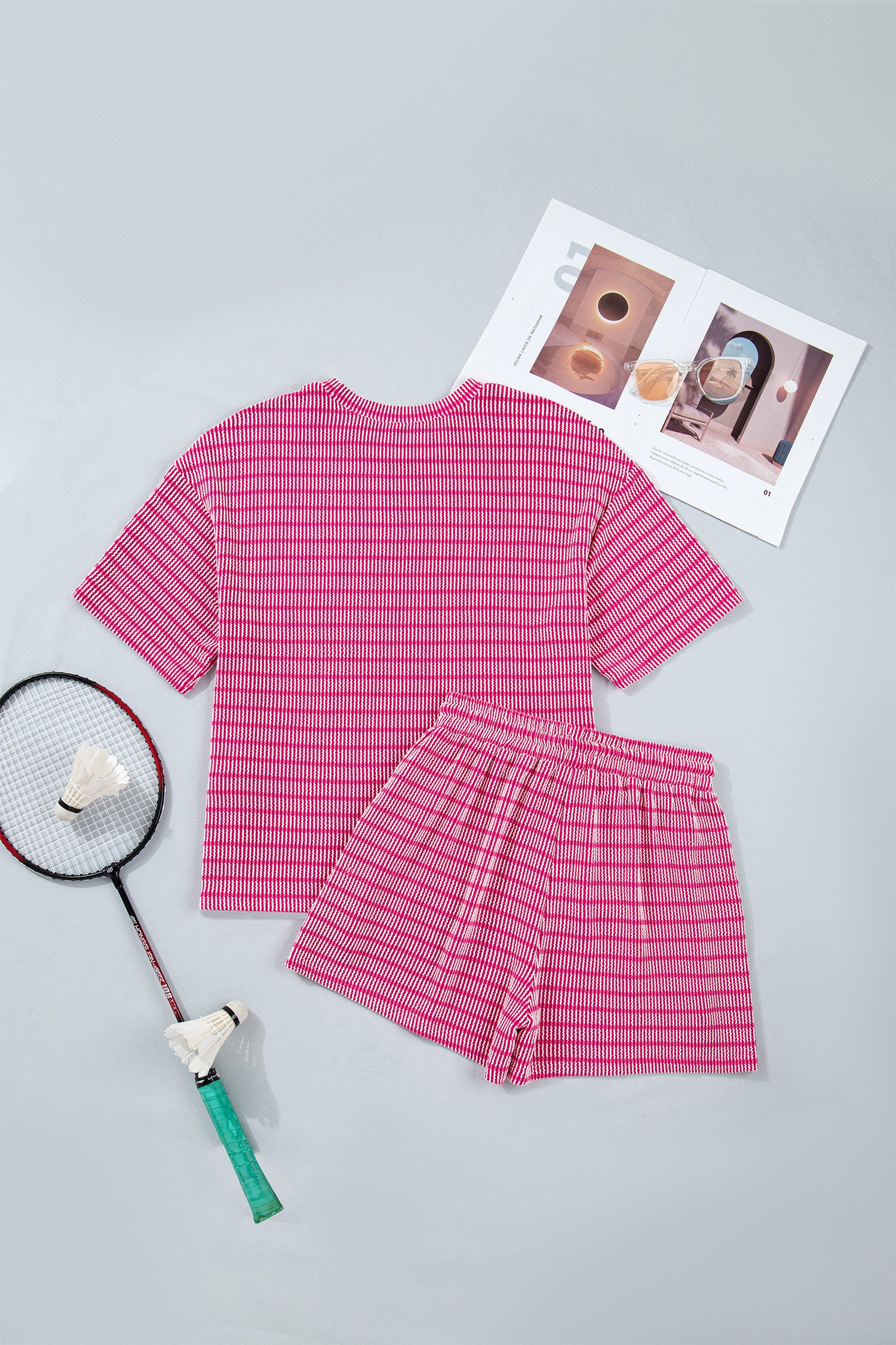 Rose Stripe Raised Rib Loose Tee Drawstring Elastic Waist 2pcs Short Set
