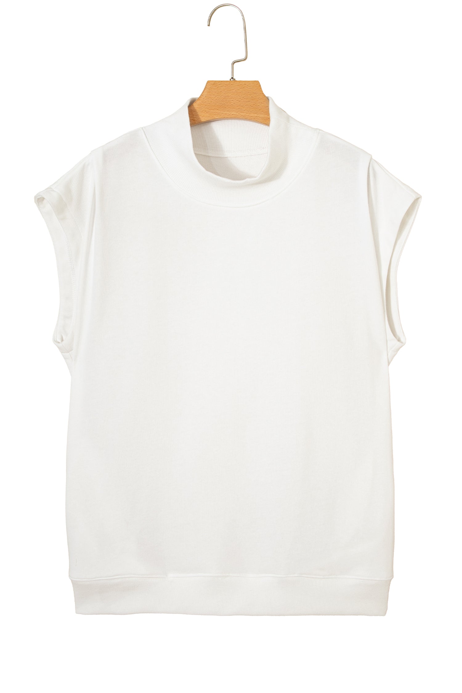 White Solid Color High Neck Cap Sleeve Loose Top