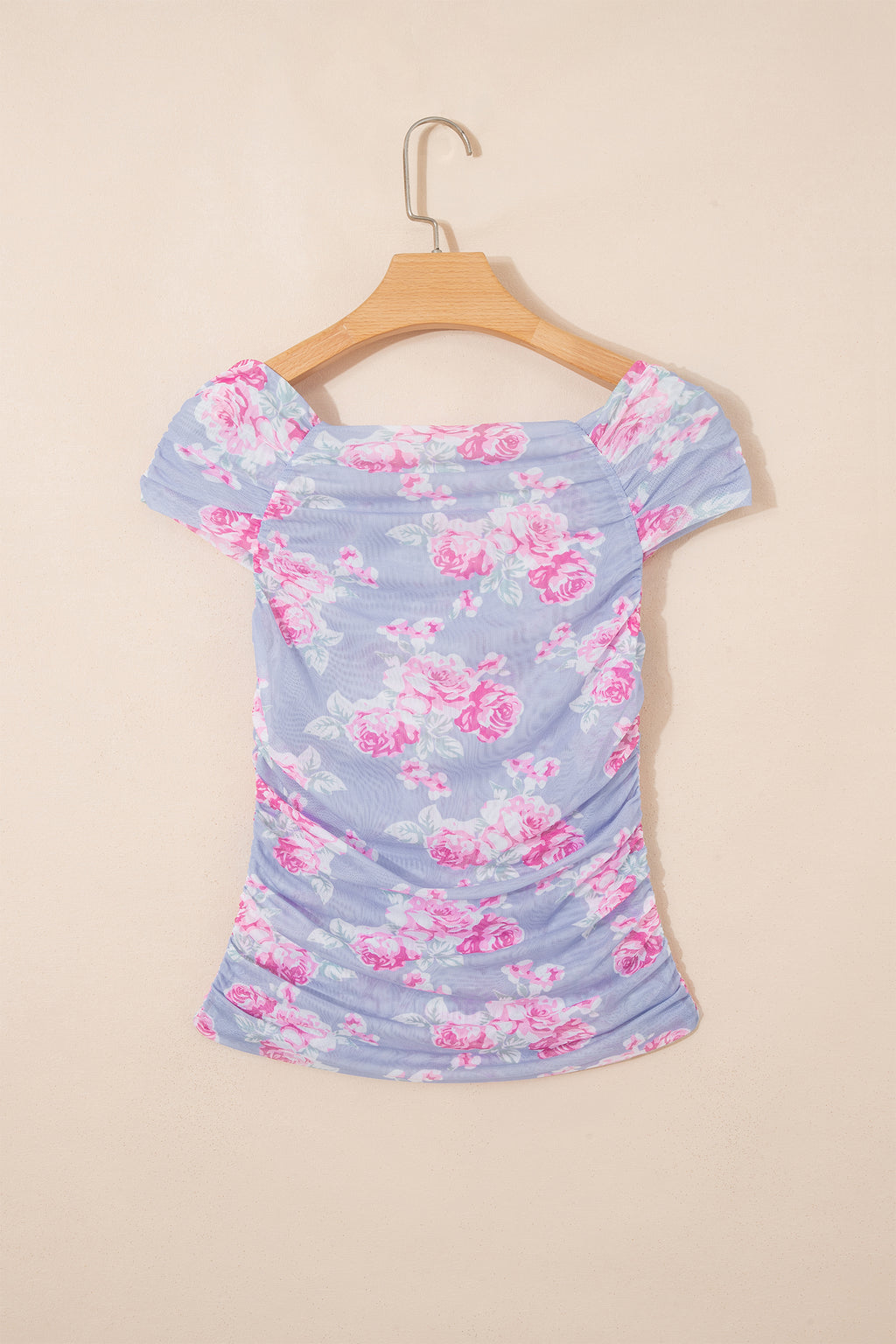 Sky Blue Square Neck Cap Sleeve Ruched Floral Mesh Top