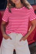 Pink Stripe Scalloped Trim Round Neck T Shirt