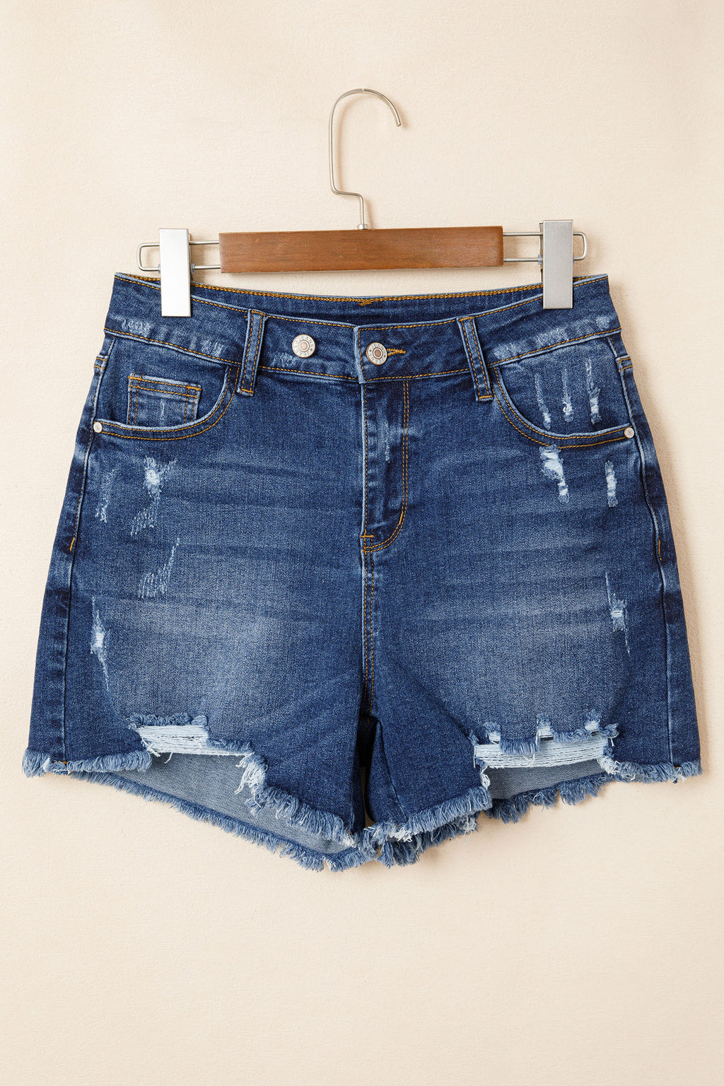 Sail Blue Asymmetric Raw Hem Distressed Whiskery Denim Shorts