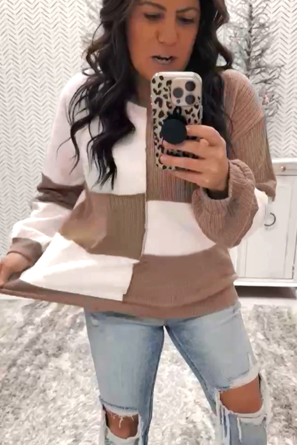 Dark Khaki Colorblock Checkered Raw Seamed Round Neck Knitted Jumper