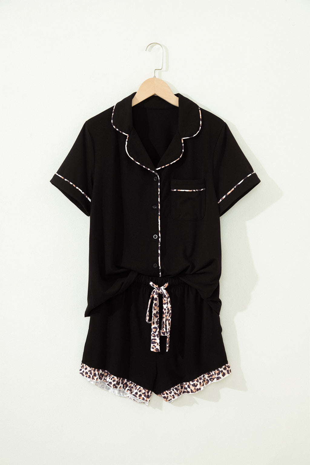 Black Leopard Patchwork Trim Lapel Shirt Drawstring Shorts 2pcs Pajama Set
